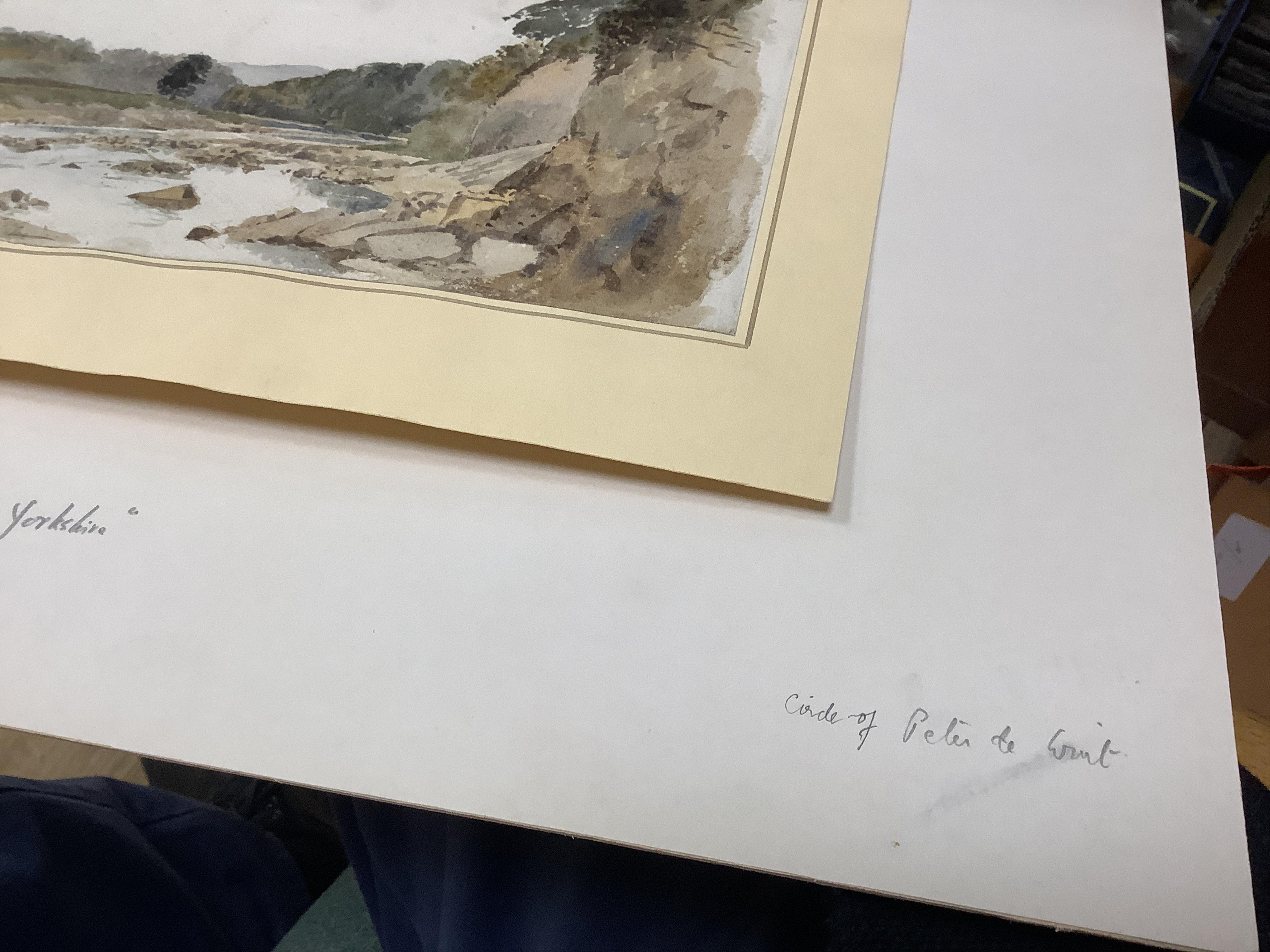 Attributed to David Cox (1783-1859), watercolour, Riverscape, mounted, unframed, 14 x 23cm